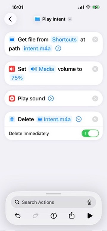 Play Intent with self-delete: Get file, Set volume, Play sound, then Delete Files with Delete Immediately on